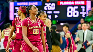 Feb 27, 2025; South Bend, Indiana, USA; Florida State Seminoles guard Ta'Niya Latson (00) reacts in the closing seconds against Notre Dame Fighting Irish at the Purcell Pavilion. Mandatory Credit: Matt Cashore-Imagn Images
