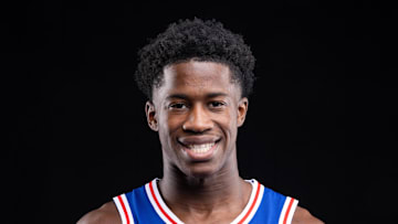 Sep 26, 2025; Camden, NJ, USA; Philadelphia 76ers VJ Edgecombe (77) poses for a photo during media day. Mandatory Credit: Bill Streicher-Imagn Images