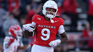 Nov 8, 2025; Piscataway, New Jersey, USA; Rutgers Scarlet Knights wide receiver Ian Strong (9) celebrates after a touchdown reception during the first half against the Maryland Terrapins at SHI Stadium. 