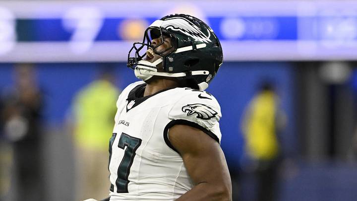 Nov 24, 2024; Inglewood, California, USA;  Philadelphia Eagles linebacker Nakobe Dean (17) reacts after sacking Los Angeles Rams quarterback Matthew Stafford (not pictured) during the first half at SoFi Stadium. Mandatory Credit: Alex Gallardo-Imagn Images