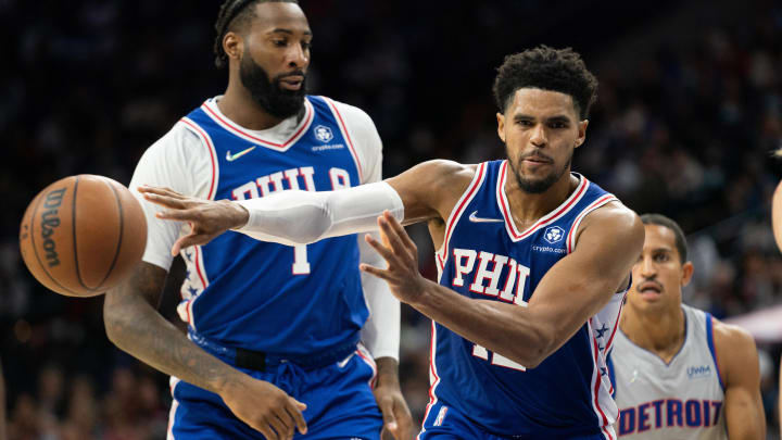 Oct 28, 2021; Philadelphia, Pennsylvania, USA; Philadelphia 76ers forward Tobias Harris (12) passes the ball against the Detroit Pistons during the third quarter at Wells Fargo Center. Mandatory Credit: Bill Streicher-USA TODAY Sports