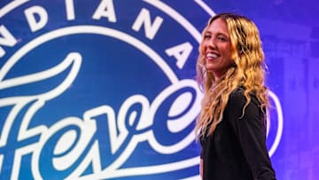 Indiana Fever guard Lexie Hull arrives before a game between the Indiana Fever and the Atlanta Dream at Gainbridge Fieldhouse 