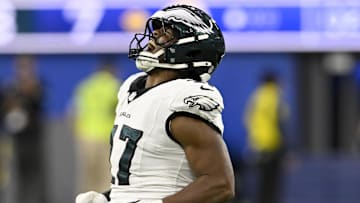 Nov 24, 2024; Inglewood, California, USA;  Philadelphia Eagles linebacker Nakobe Dean (17) reacts after sacking Los Angeles Rams quarterback Matthew Stafford (not pictured) during the first half at SoFi Stadium. Mandatory Credit: Alex Gallardo-Imagn Images