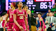 Florida State Seminoles guard Ta'Niya Latson reacts in the closing seconds against Notre Dame Fighting Irish.