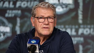  UConn Huskies head coach Geno Auriemma talks to media before the NCAA Woman’s Final practice at Amalie Arena.