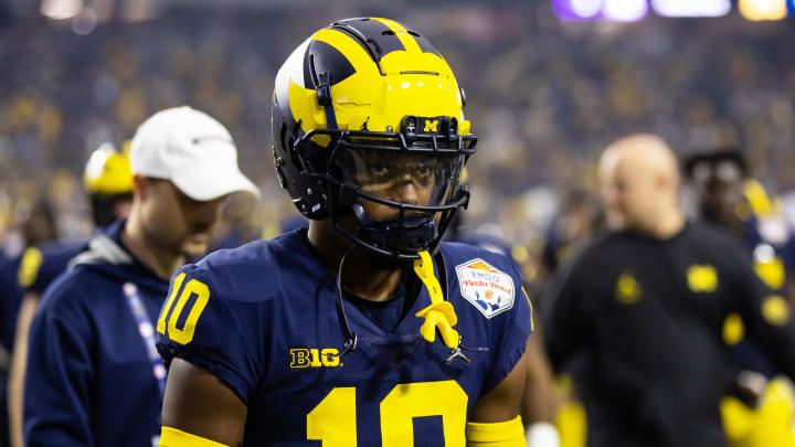 Dec 31, 2022; Glendale, Arizona, USA; Michigan Wolverines defensive back Zeke Berry (10) against the TCU Horned Frogs during the 2022 Fiesta Bowl at State Farm Stadium. Mandatory Credit: Mark J. Rebilas-USA TODAY Sports