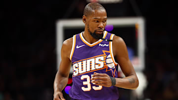 Jan 29, 2025; Phoenix, Arizona, USA; Phoenix Suns forward Kevin Durant (35) reacts against the Minnesota Timberwolves in the first half at Footprint Center. Mandatory Credit: Mark J. Rebilas-Imagn Images