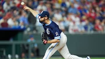 Aug 9, 2024; Kansas City, Missouri, USA; Kansas City Royals relief pitcher Chris Stratton (35) pitches during the eighth inning against the St. Louis Cardinals at Kauffman Stadium. Mandatory Credit: Jay Biggerstaff-Imagn Images