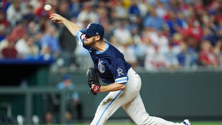 Aug 9, 2024; Kansas City, Missouri, USA; Kansas City Royals relief pitcher Chris Stratton (35) pitches during the eighth inning against the St. Louis Cardinals at Kauffman Stadium. Mandatory Credit: Jay Biggerstaff-Imagn Images