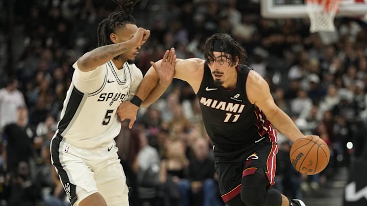 Heat guard Jaime Jaquez Jr. drives to the basket against Spurs guard Stephon Castle.