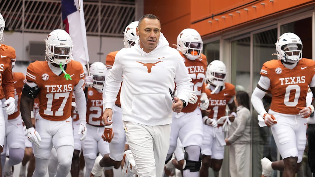 Texas Longhorns head coach Steve Sarkisian leads his team on to the field before a game against the Vanderbilt Commodores at Darrell K Royal-Texas Memorial Stadium. Mandatory Credit: Scott Wachter-Imagn Images