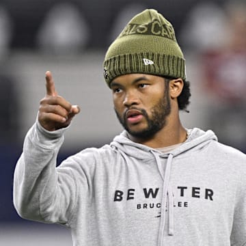 Nov 3, 2025; Arlington, Texas, USA; Arizona Cardinals quarterback Kyler Murray (1) warms up before the game against the Dallas Cowboys at AT&T Stadium. Mandatory Credit: Jerome Miron-Imagn Images