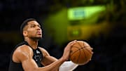 Mar 20, 2025; Los Angeles, California, USA; Milwaukee Bucks forward Giannis Antetokounmpo (34) warms up before the game against the Los Angeles Lakers at Crypto.com Arena. Mandatory Credit: Jonathan Hui-Imagn Images