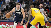 Dec 12, 2023; Dallas, Texas, USA; Dallas Mavericks guard Luka Doncic (77) and Los Angeles Lakers forward LeBron James (23) in action during the game between the Dallas Mavericks and the Los Angeles Lakers at the American Airlines Center. Mandatory Credit: Jerome Miron-Imagn Images