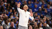 Mar 7, 2025; Memphis, Tennessee, USA; Memphis Tigers Head Coach Penny Hardaway reacts against the South Florida Bulls during the first half at FedExForum. Mandatory Credit: Wesley Hale-Imagn Images