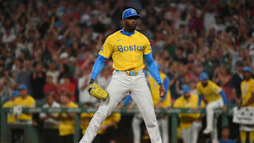 Jul 26, 2025; Boston, Massachusetts, USA;  Boston Red Sox relief pitcher Aroldis Chapman (44) pitches during the ninth inning against the Los Angeles Dodgers at Fenway Park. Mandatory Credit: Bob DeChiara-Imagn Images