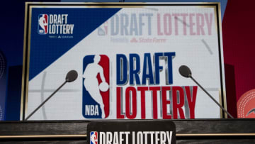 May 15, 2018; Chicago, IL, USA; The podium with logos is seen prior to the 2018 NBA Draft Lottery at the Palmer House Hilton. Mandatory Credit: Patrick Gorski-USA TODAY Sports