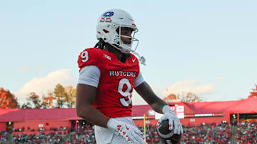 Nov 8, 2025; Piscataway, New Jersey, USA; Rutgers Scarlet Knights wide receiver Ian Strong (9) celebrates after a touchdown reception during the first half against the Maryland Terrapins at SHI Stadium. Credit: Vincent Carchietta-Imagn Images