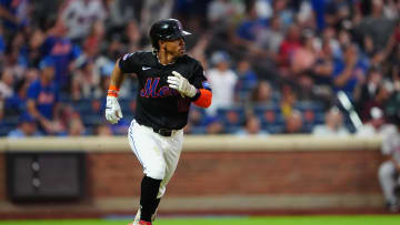 Jul 25, 2024; New York City, New York, USA; New York Mets shortstop Francisco Lindor (12) watches his two run home run against the Atlanta Braves during the third inning at Citi Field.