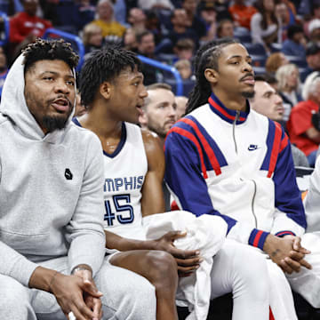 Memphis Grizzlies forward Jaren Jackson Jr. (13), guard Marcus Smart (36), forward GG Jackson (45) and guard Ja Morant (12) against the Oklahoma City Thunder at Paycom Center. 