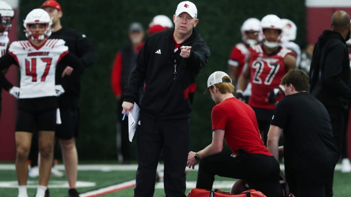 Louisville head football coach Jeff Brohm conducts spring practice at the Trager practice facility in Louisville, Ky. on Mar. 19, 2024