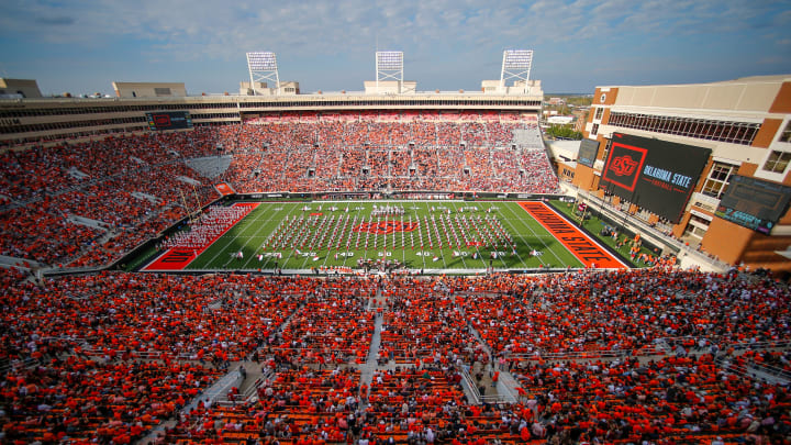 OU band performs at half time during a Bedlam college football game between the Oklahoma State University Cowboys (OSU) and the University of Oklahoma Sooners (OU) at Boone Pickens Stadium in Stillwater, Okla., Saturday, Nov. 4, 2023.