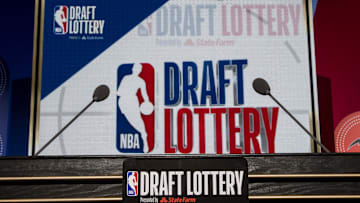 May 15, 2018; Chicago, IL, USA; The podium with logos is seen prior to the 2018 NBA Draft Lottery at the Palmer House Hilton. Mandatory Credit: Patrick Gorski-Imagn Images