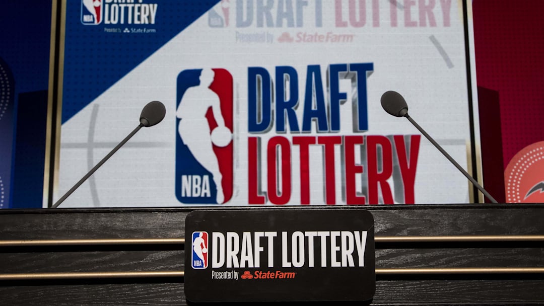 May 15, 2018; Chicago, IL, USA; The podium with logos is seen prior to the 2018 NBA Draft Lottery at the Palmer House Hilton. Mandatory Credit: Patrick Gorski-Imagn Images