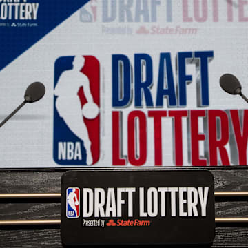 May 15, 2018; Chicago, IL, USA; The podium with logos is seen prior to the 2018 NBA Draft Lottery at the Palmer House Hilton. Mandatory Credit: Patrick Gorski-Imagn Images