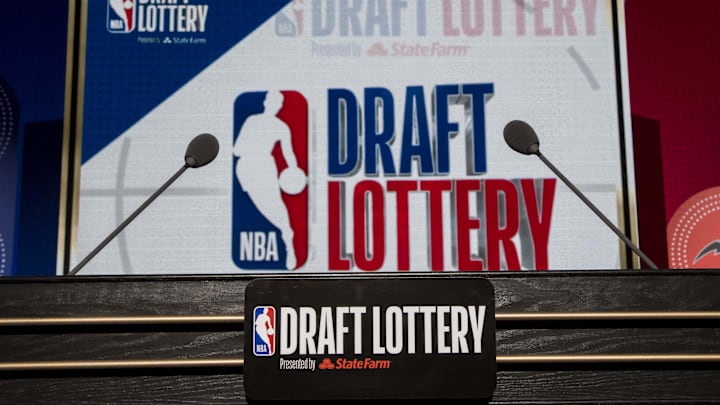 May 15, 2018; Chicago, IL, USA; The podium with logos is seen prior to the 2018 NBA Draft Lottery at the Palmer House Hilton. Mandatory Credit: Patrick Gorski-Imagn Images