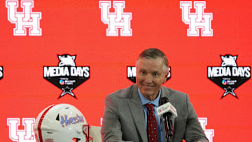 Jul 9, 2025; Frisco, TX, USA; Houston head coach Willie Fritz speaks with the media during 2025 Big 12 Football Media Days at The Star. Mandatory Credit: Raymond Carlin III-Imagn Images