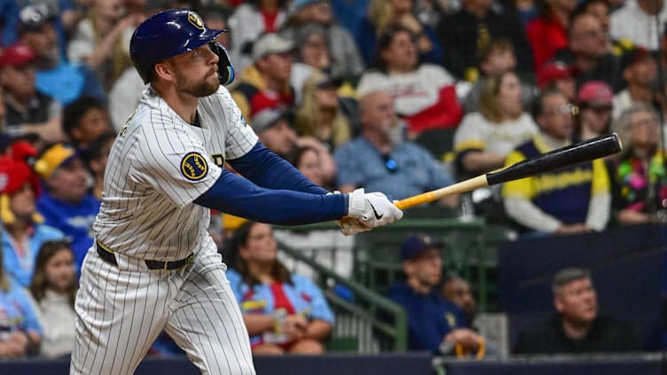 May 11, 2024; Milwaukee, Wisconsin, USA; Milwaukee Brewers first baseman Rhys Hoskins (12) watches