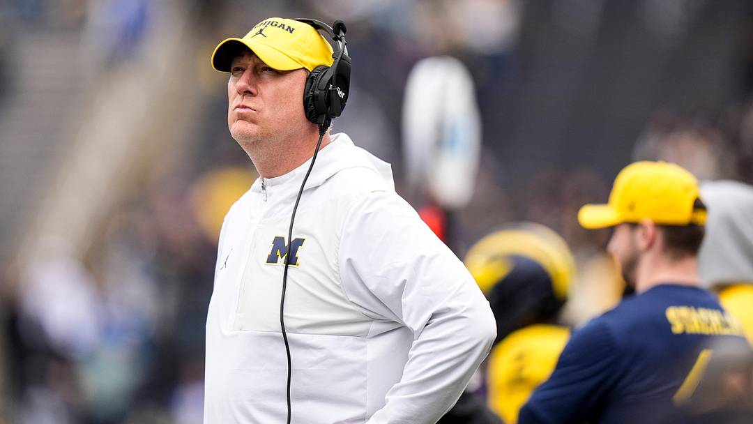 Michigan offensive line coach Jim Harding watches a play during the spring game at Michigan Stadium in Ann Arbor on Saturday, April 18, 2026.