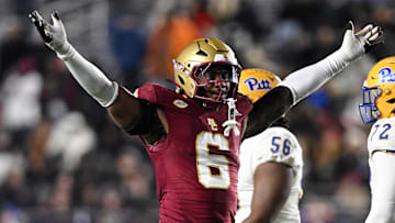 Boston College defensive end Donovan Ezeiruaku reacts after a sack against the Pittsburgh Panthers