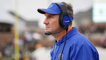 Nov 20, 2021; Columbia, Missouri, USA; Florida Gators head coach Dan Mullen watches play against the Missouri Tigers during the game at Faurot Field at Memorial Stadium. Mandatory Credit: Denny Medley-Imagn Images