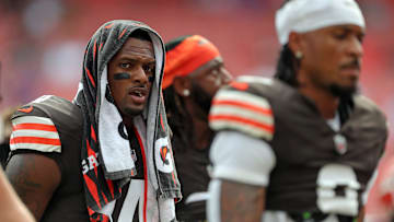 Cleveland Browns quarterback Deshaun Watson heads back to the locker room with his teammates before an NFL football game at Huntington Bank Field, Sunday, Sept. 22, 2024, in Cleveland, Ohio.