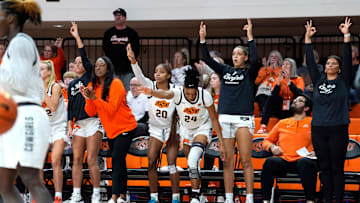 Oklahoma players celebrate during a women's college basketball game between the Oklahoma State Cowgirls (OSU) and the Arizona State Sun Devils at Gallagher-Iba Arena in Stillwater, Okla., Wednesday, Jan. 29, 2025.
