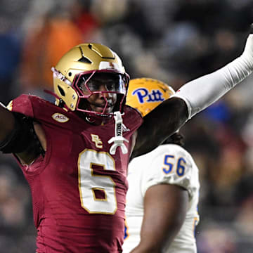 Nov 30, 2024; Chestnut Hill, Massachusetts, USA; Boston College Eagles defensive end Donovan Ezeiruaku (6) reacts after a sack against the Pittsburgh Panthers during the second half at Alumni Stadium.  