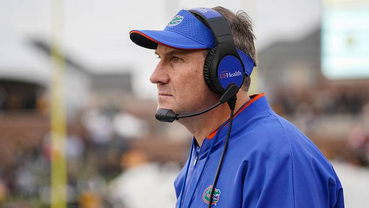 Nov 20, 2021; Columbia, Missouri, USA; Florida Gators head coach Dan Mullen watches play against the Missouri Tigers during the game at Faurot Field at Memorial Stadium. Mandatory Credit: Denny Medley-Imagn Images