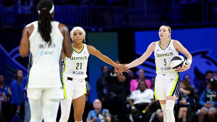 Dallas Wings guards Paige Bueckers (5) and DiJonai Carrington (21) during the second half against the Golden State Valkyries at College Park Center. 