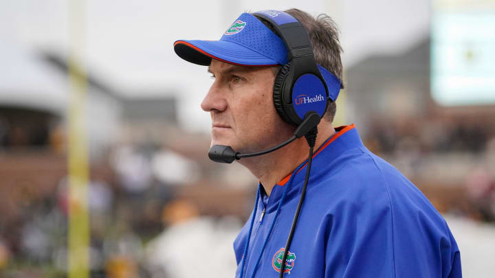 Nov 20, 2021; Columbia, Missouri, USA; Florida Gators head coach Dan Mullen watches play against the Missouri Tigers during the game at Faurot Field at Memorial Stadium. Mandatory Credit: Denny Medley-USA TODAY Sports