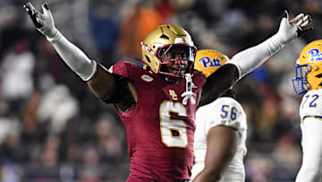 Nov 30, 2024; Chestnut Hill, Massachusetts, USA; Boston College Eagles defensive end Donovan Ezeiruaku (6) reacts after a sack against the Pittsburgh Panthers during the second half at Alumni Stadium. Mandatory Credit: Brian Fluharty-Imagn Images