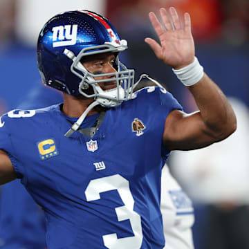Sep 21, 2025; East Rutherford, New Jersey, USA; New York Giants quarterback Russell Wilson (3) warms up before the game against the Kansas City Chiefs at MetLife Stadium. Mandatory Credit: Vincent Carchietta-Imagn Images