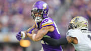 Nov 12, 2023; Minneapolis, Minnesota, USA; Minnesota Vikings wide receiver Jalen Nailor (83) catches a pass against the New Orleans Saints cornerback Alontae Taylor (1) in the third quarter at U.S. Bank Stadium.