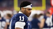 Dec 31, 2024; Glendale, AZ, USA; Penn State Nittany Lions defensive end Abdul Carter (11) against the Boise State Broncos in the Fiesta Bowl at State Farm Stadium. Mandatory Credit: Mark J. Rebilas-Imagn Images