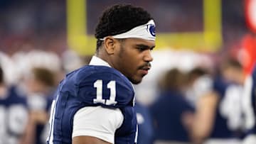 Dec 31, 2024; Glendale, AZ, USA; Penn State Nittany Lions defensive end Abdul Carter (11) against the Boise State Broncos in the Fiesta Bowl at State Farm Stadium. Mandatory Credit: Mark J. Rebilas-Imagn Images