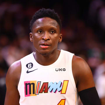 Jan 6, 2023; Phoenix, Arizona, USA; Miami Heat guard Victor Oladipo (4) against the Phoenix Suns at Footprint Center. Mandatory Credit: Mark J. Rebilas-USA TODAY Sports