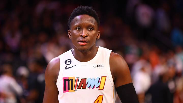 Jan 6, 2023; Phoenix, Arizona, USA; Miami Heat guard Victor Oladipo (4) against the Phoenix Suns at Footprint Center. 