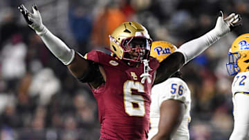 Nov 30, 2024; Chestnut Hill, Massachusetts, USA; Boston College Eagles defensive end Donovan Ezeiruaku (6) reacts after a sack against the Pittsburgh Panthers during the second half at Alumni Stadium. Mandatory Credit: Brian Fluharty-Imagn Images