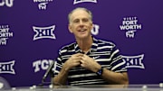Feb 5, 2025; Fort Worth, Texas, USA;  TCU Horned Frogs head coach Jamie Dixon reacts during a press conference after the game against the West Virginia Mountaineers at Ed and Rae Schollmaier Arena. Mandatory Credit: Kevin Jairaj-Imagn Images